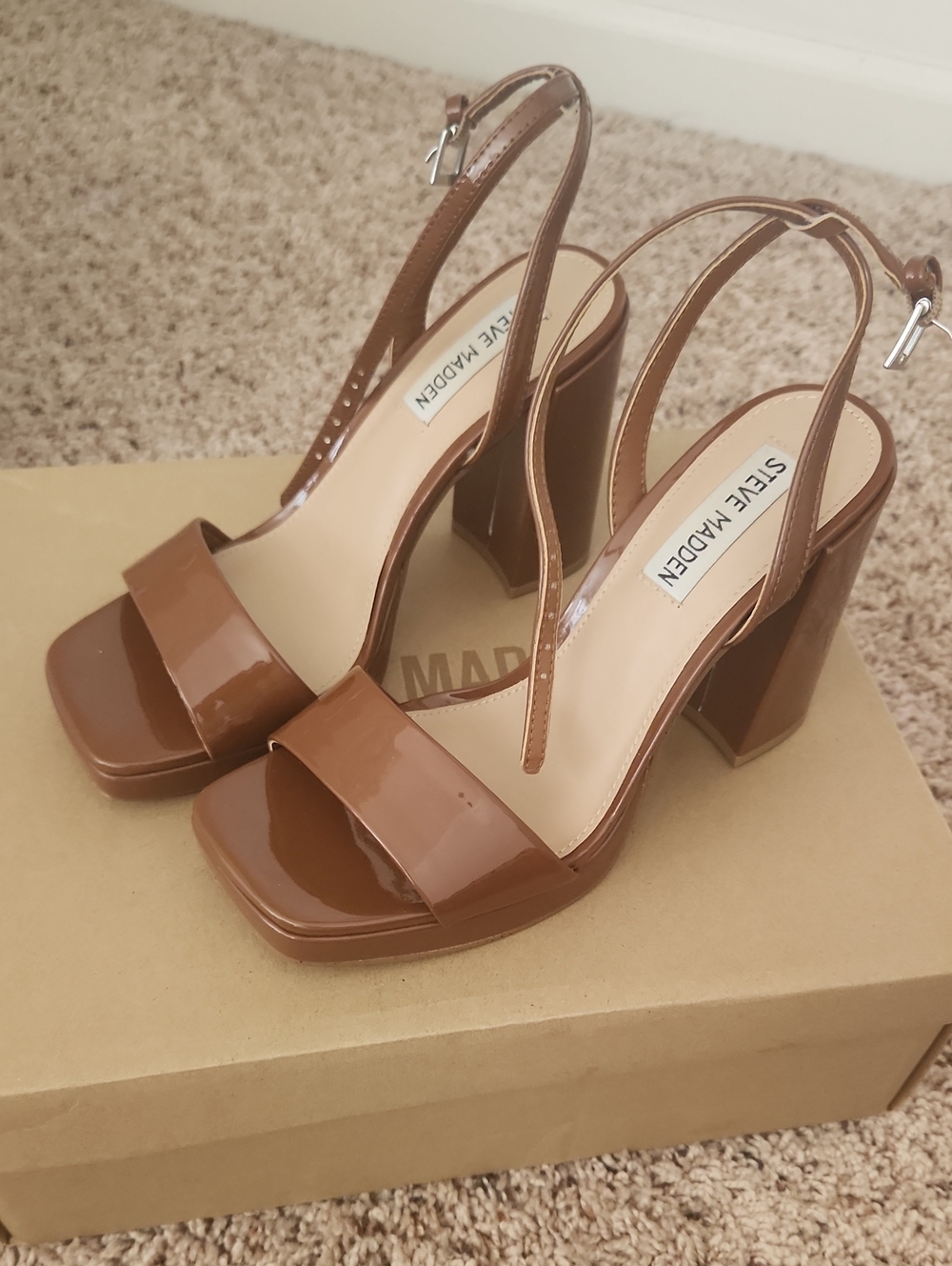 Steve Madden Brown Patent Block Heel Slingback Sandals